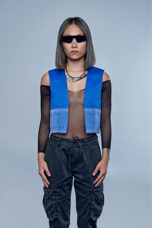 Veste Empire bleu en soie cambodgienne Femme