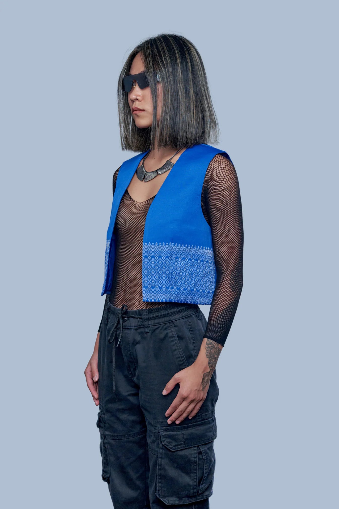 Veste Empire bleu en soie cambodgienne Femme