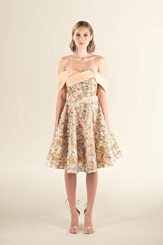 Gold Floral Off-the-Shoulder Dress